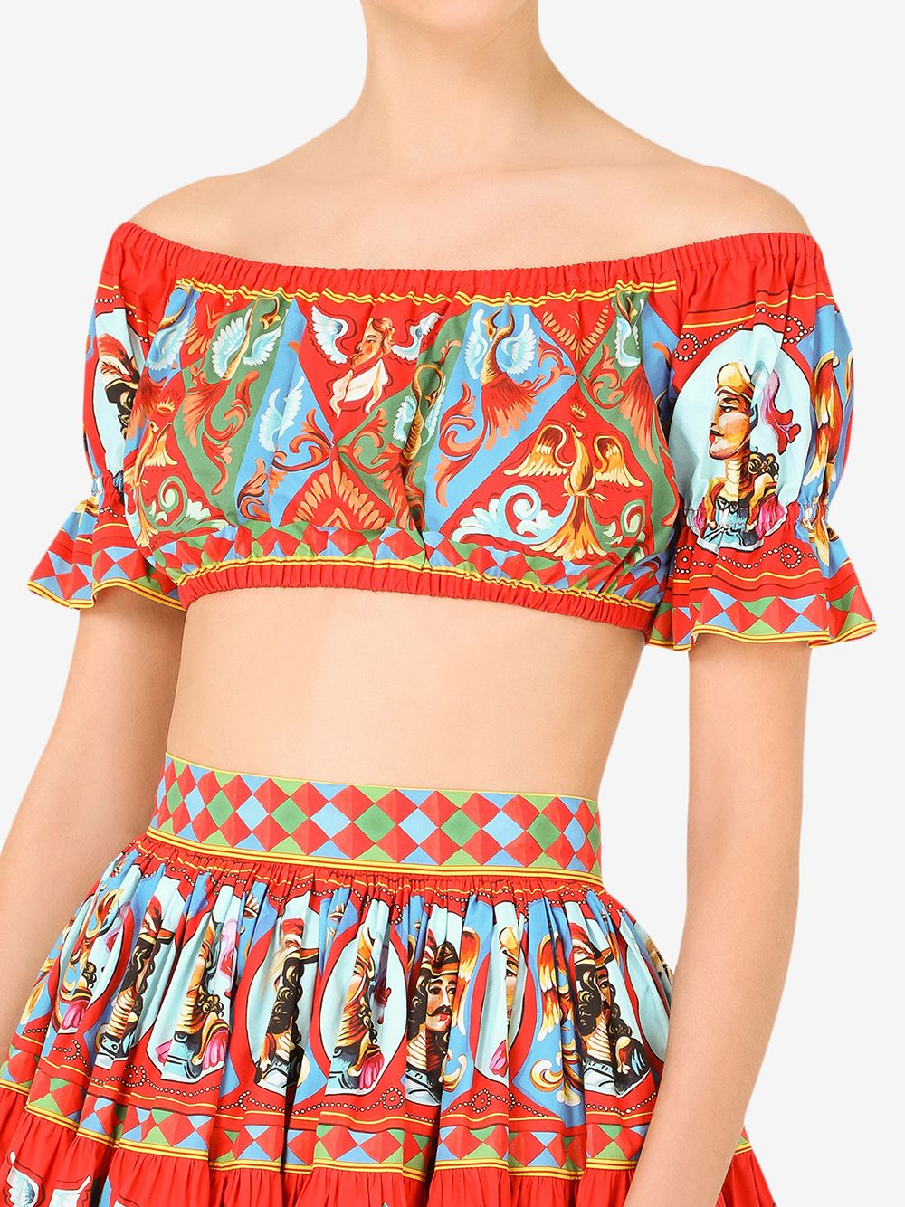 Shop Dolce & Gabbana Carretto-print Off-shoulder Crop Top In Red