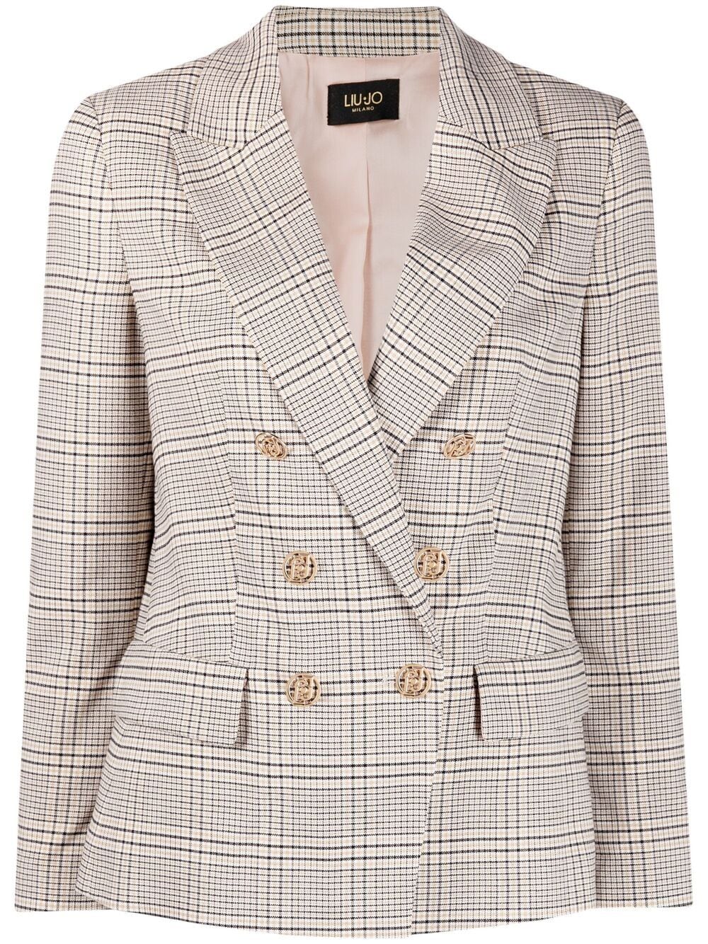 Shop Liu •jo Check Double-breasted Blazer In Neutrals