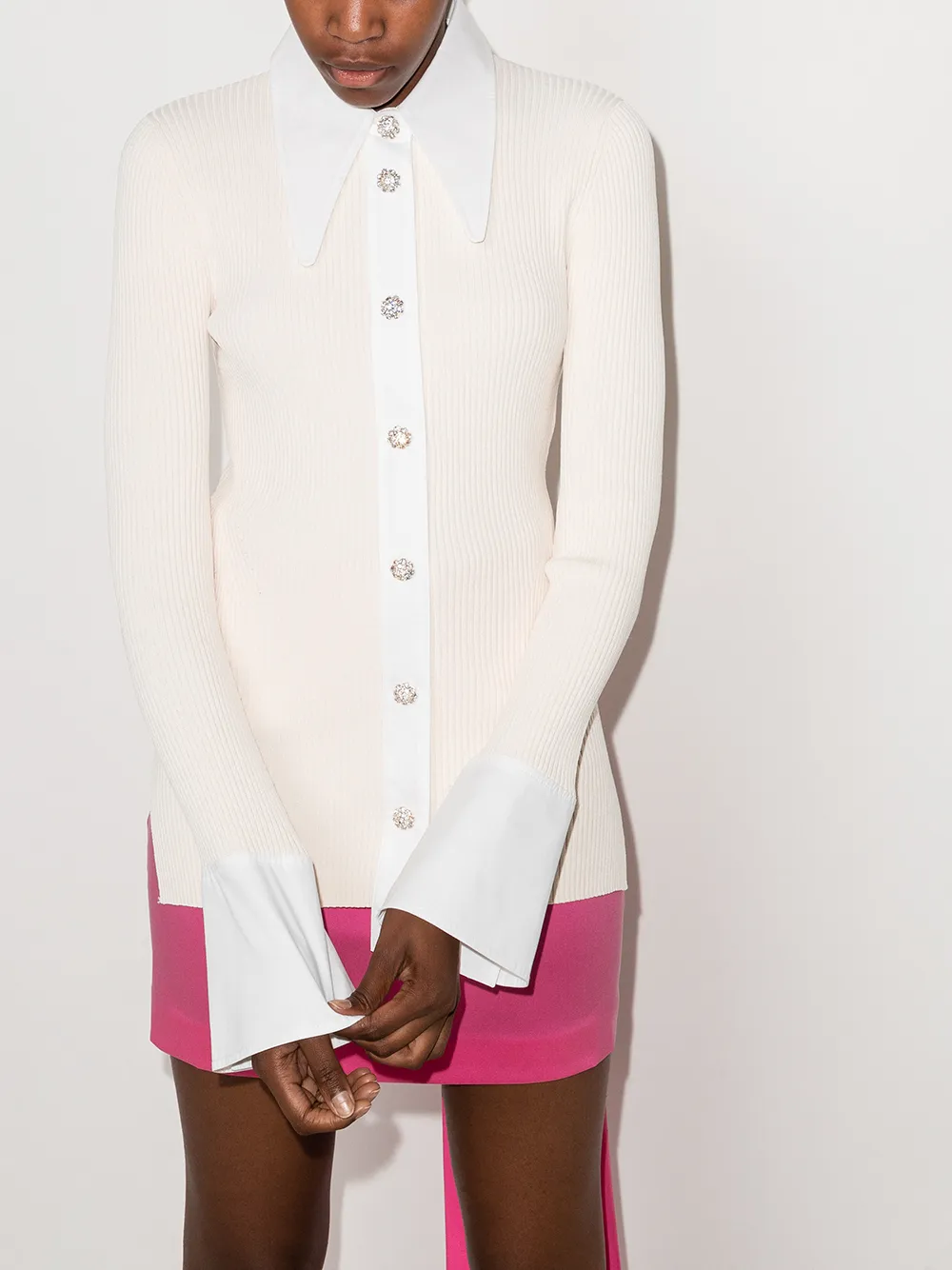 Image 2 of GANNI crystal-button ribbed-knit shirt