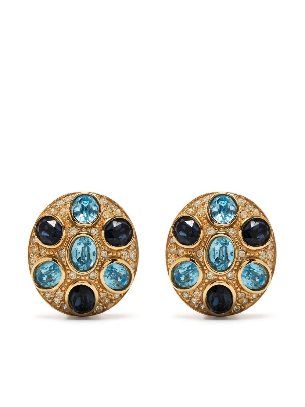 Pre-owned Dior 1990s  Embellished Round Clip-on Earrings In Gold