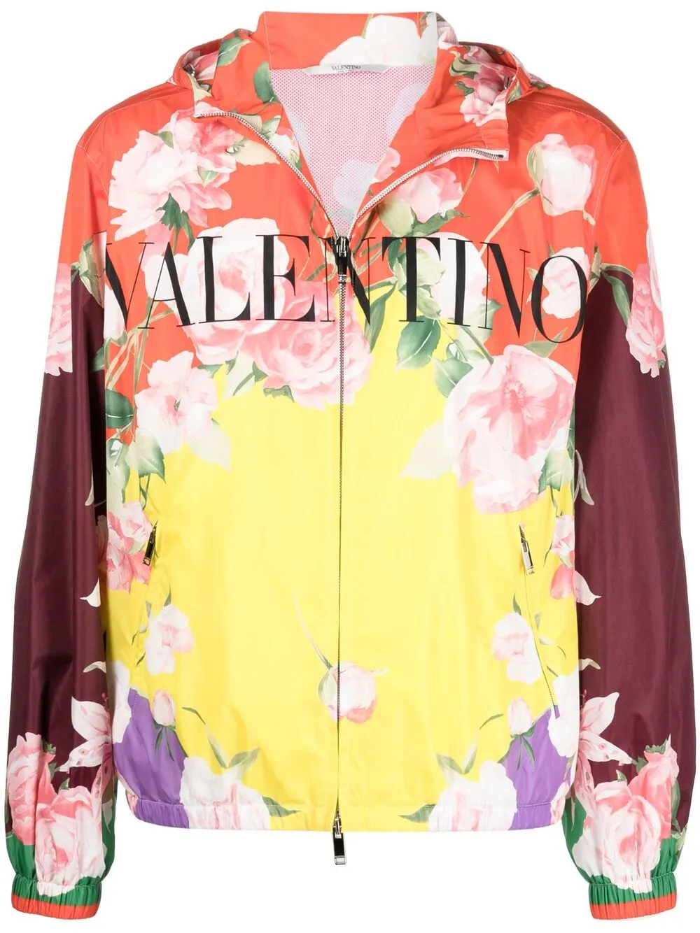 Shop Valentino Floral-print Hooded Jacket In Red