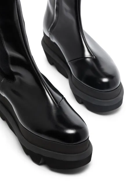 asos design christa flatform knee boots in black patent