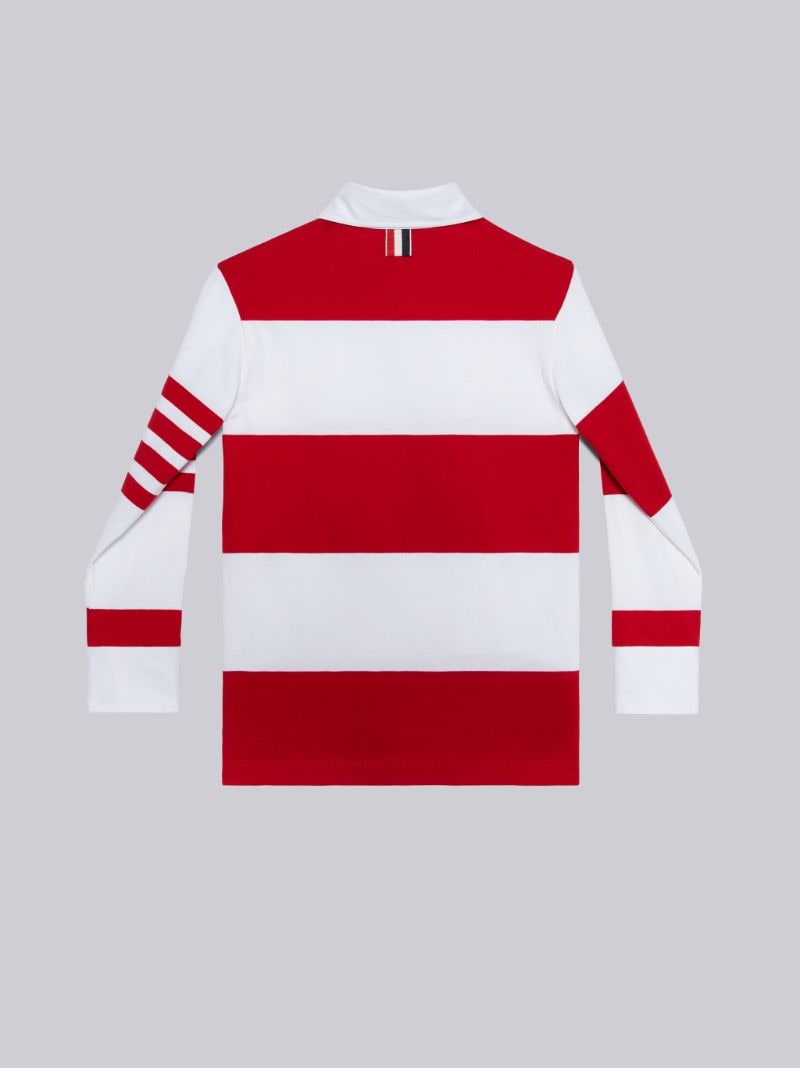 red long sleeve polo shirt with a white stripe