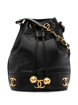 Chanel black bucket bag with logo on the front and gold detail