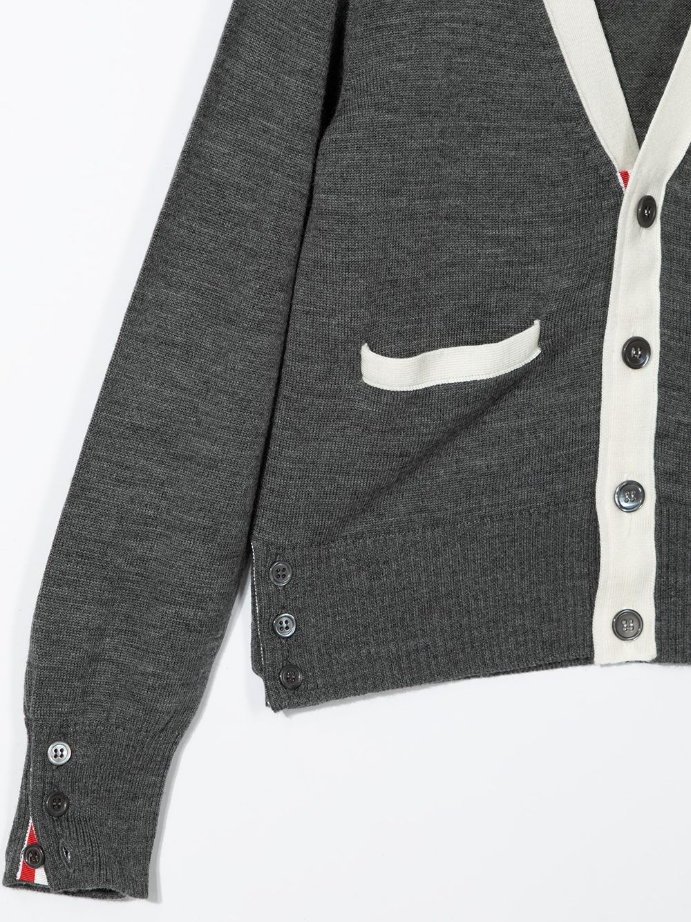 фото Thom browne kids classic v-neck cardigan w/ rwb stripe back in sustainable fine merino wool