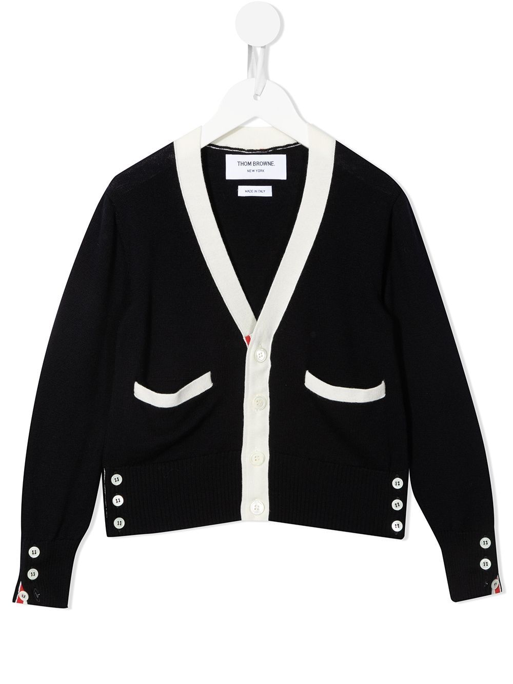 фото Thom browne kids classic v-neck cardigan w/ rwb stripe back in sustainable fine merino wool