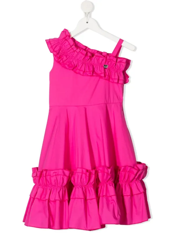 one shoulder pink ruffle dress