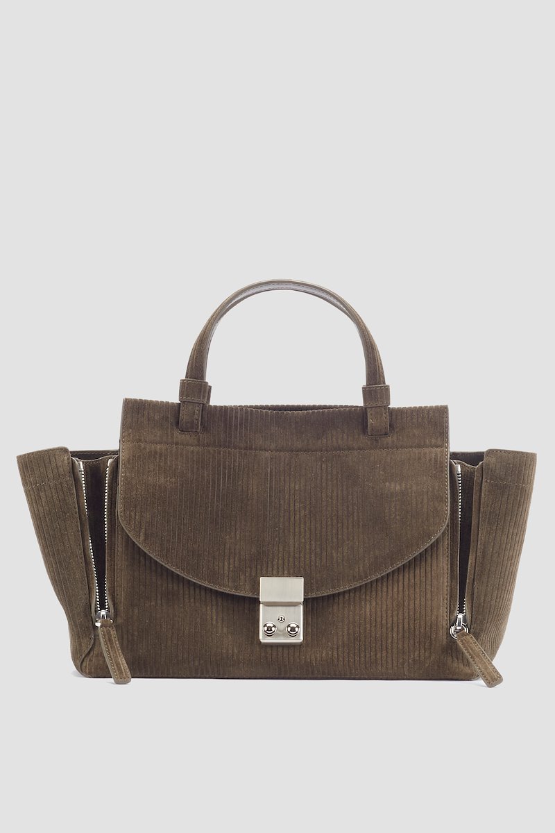 Pashli Soft Mini Satchel-green #0 Pashli Soft Mini Satchel, Dark olive suede Pashli crossbody bag from 3.1 PHILLIP LIM featuring suede, logo plaque, foldover top, top zip fastening, main compartment, two top handles and single shoulder strap.- 0
