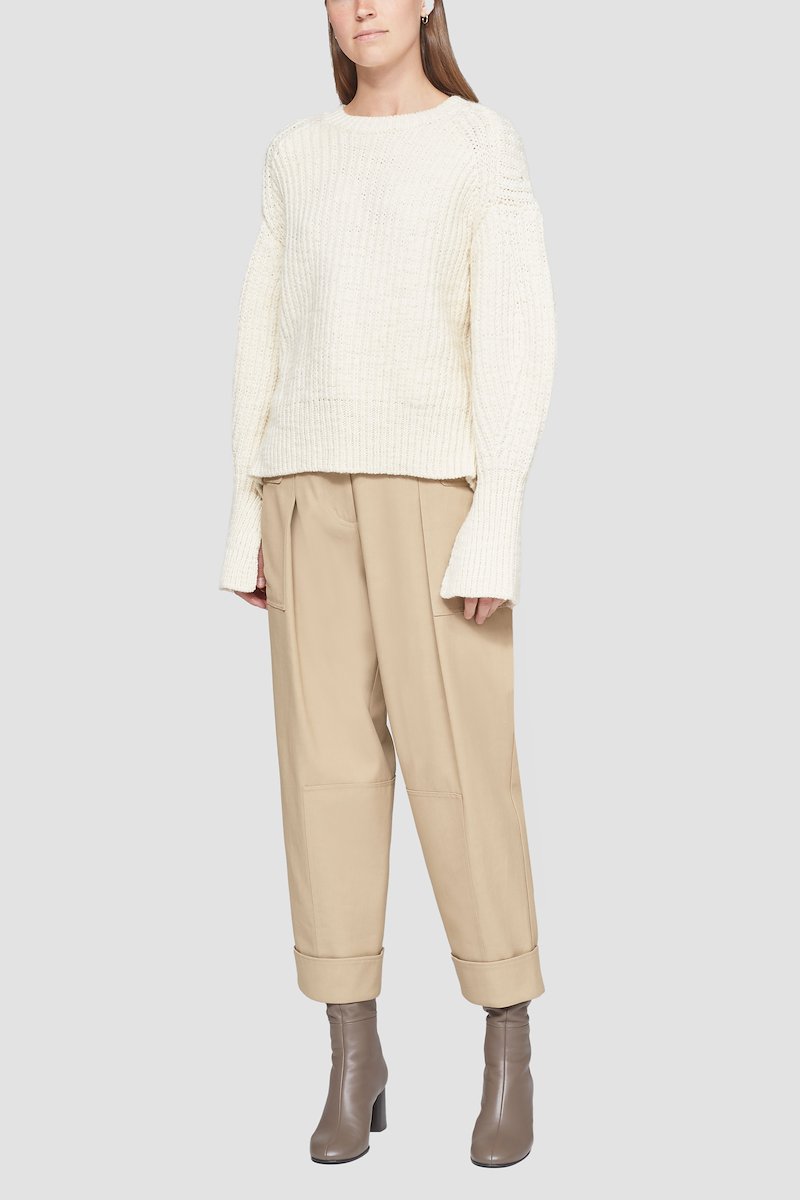 Chunky Knit Cropped Crewneck Sweater-white #0 Chunky Knit Cropped Crewneck Sweater, ribbed-knit open-back jumper from 3.1 PHILLIP LIM featuring ivory white, wool, ribbed knit, crew neck, long sleeves, split cuffs and rear tie fastening.- 0