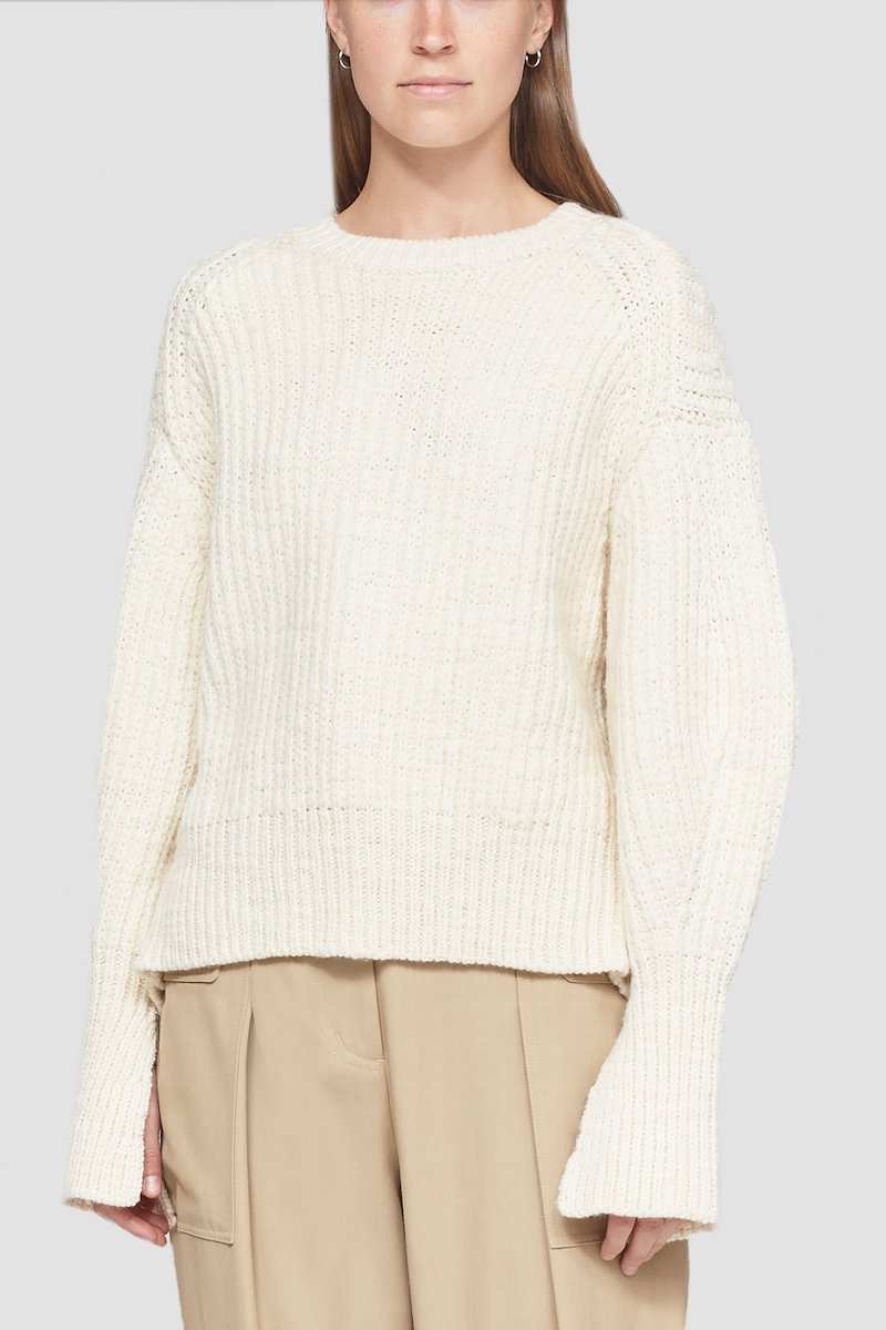 Chunky Knit Cropped Crewneck Sweater-white #1 Chunky Knit Cropped Crewneck Sweater, ribbed-knit open-back jumper from 3.1 PHILLIP LIM featuring ivory white, wool, ribbed knit, crew neck, long sleeves, split cuffs and rear tie fastening.- 3