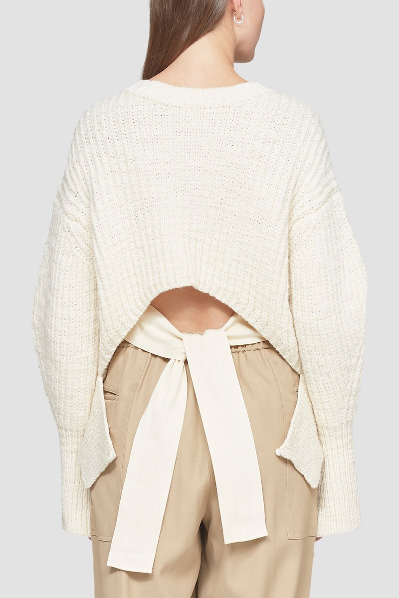Chunky Knit Cropped Crewneck Sweater-white #1 Chunky Knit Cropped Crewneck Sweater, ribbed-knit open-back jumper from 3.1 PHILLIP LIM featuring ivory white, wool, ribbed knit, crew neck, long sleeves, split cuffs and rear tie fastening.- 5