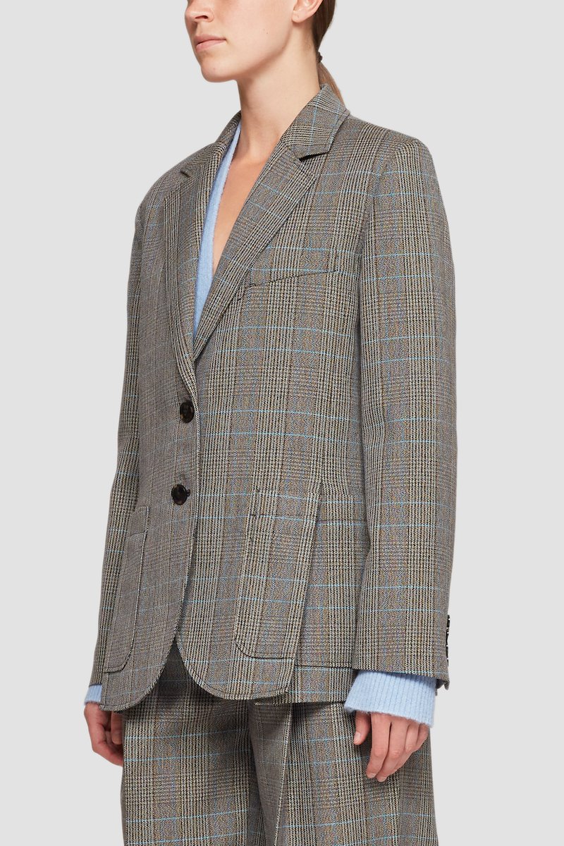 Check Slit Blazer-grey #0 Check Slit Blazer, check-pattern single-breasted blazer from 3.1 PHILLIP LIM featuring multicolour, wool blend, check pattern, notched lapels, chest welt pocket, front button fastening, long sleeves, buttoned cuffs and two front patch pockets.- 4