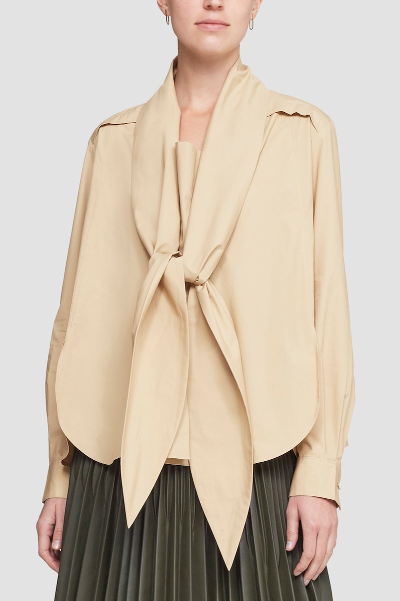 Long Sleeve Tie-Front Shirt-neutrals #1 Long Sleeve Tie-Front Shirt, Khaki cotton tie-front shirt from 3.1 PHILLIP LIM featuring poplin weave, epaulettes, front tie fastening, long sleeves, buttoned cuffs and curved hem.- 1