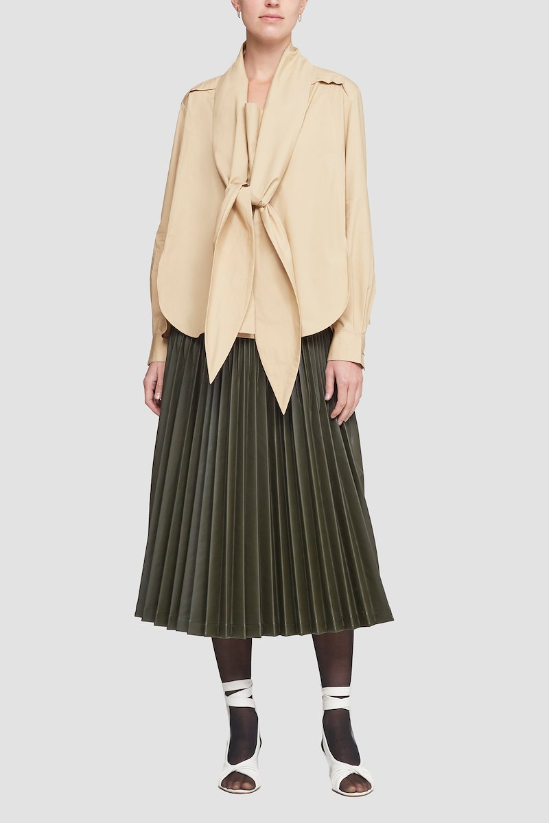 Long Sleeve Tie-Front Shirt-neutrals #0 Long Sleeve Tie-Front Shirt, Khaki cotton tie-front shirt from 3.1 PHILLIP LIM featuring poplin weave, epaulettes, front tie fastening, long sleeves, buttoned cuffs and curved hem.- 0