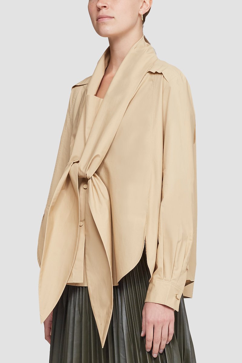Long Sleeve Tie-Front Shirt-neutrals #0 Long Sleeve Tie-Front Shirt, Khaki cotton tie-front shirt from 3.1 PHILLIP LIM featuring poplin weave, epaulettes, front tie fastening, long sleeves, buttoned cuffs and curved hem.- 2