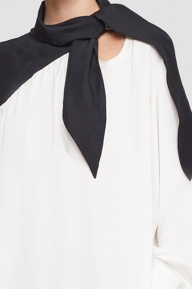 Long Sleeve Scarf Neck Blouse-white #1 Long Sleeve Scarf Neck Blouse, tie-neck two-tone blouse from 3.1 PHILLIP LIM featuring white/black, satin finish, two-tone design, gathered detailing, cut-out detailing, long sleeves, fitted-cuff sleeves, straight hem and tie neck.- 1
