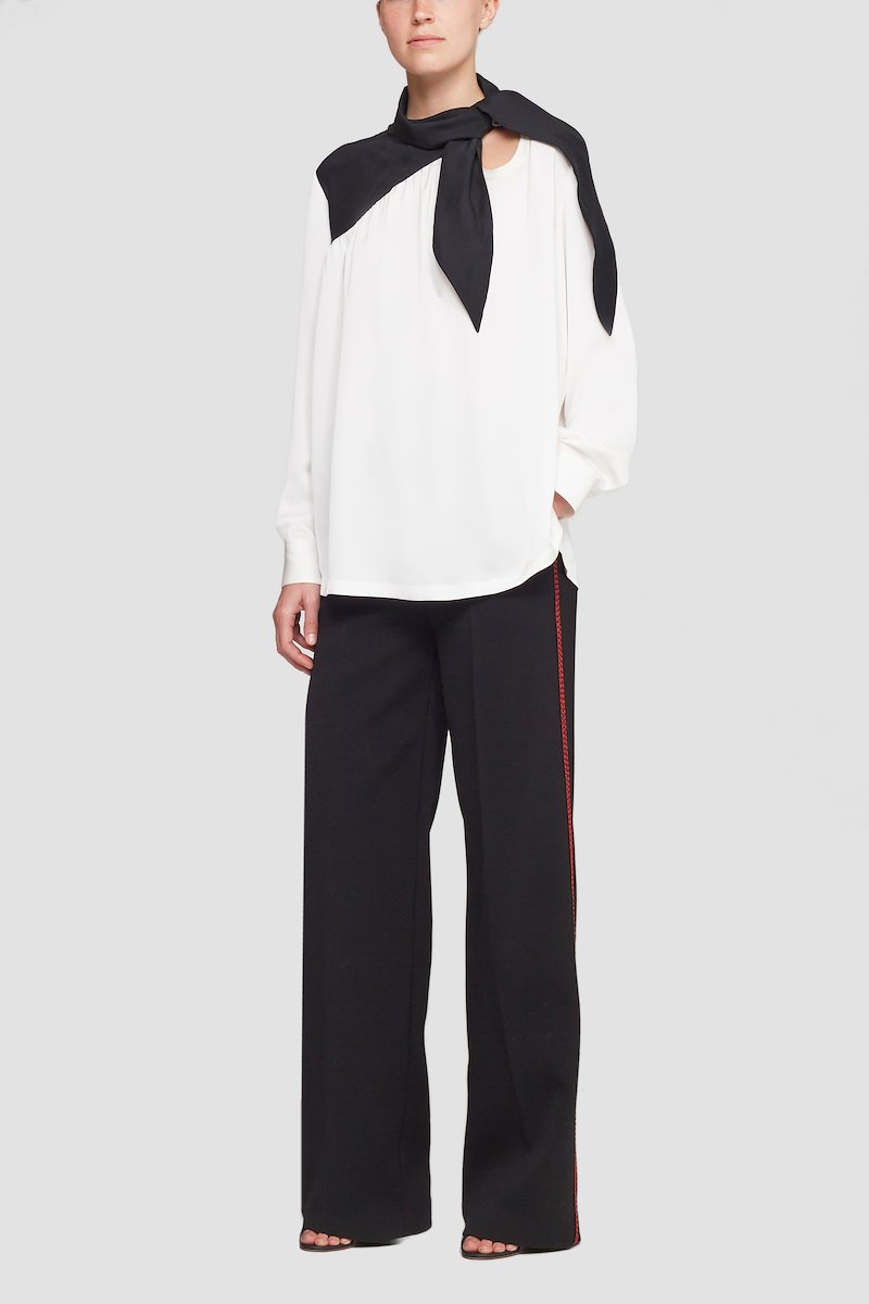 Long Sleeve Scarf Neck Blouse-white #0 Long Sleeve Scarf Neck Blouse, tie-neck two-tone blouse from 3.1 PHILLIP LIM featuring white/black, satin finish, two-tone design, gathered detailing, cut-out detailing, long sleeves, fitted-cuff sleeves, straight hem and tie neck.- 2