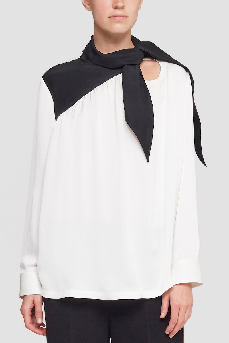 Long Sleeve Scarf Neck Blouse-white #1 Long Sleeve Scarf Neck Blouse, tie-neck two-tone blouse from 3.1 PHILLIP LIM featuring white/black, satin finish, two-tone design, gathered detailing, cut-out detailing, long sleeves, fitted-cuff sleeves, straight hem and tie neck.- 3