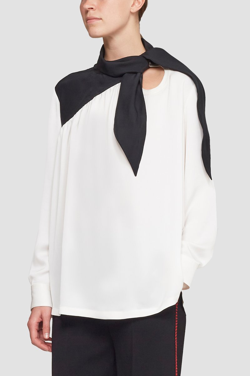 Long Sleeve Scarf Neck Blouse-white #0 Long Sleeve Scarf Neck Blouse, tie-neck two-tone blouse from 3.1 PHILLIP LIM featuring white/black, satin finish, two-tone design, gathered detailing, cut-out detailing, long sleeves, fitted-cuff sleeves, straight hem and tie neck.- 4