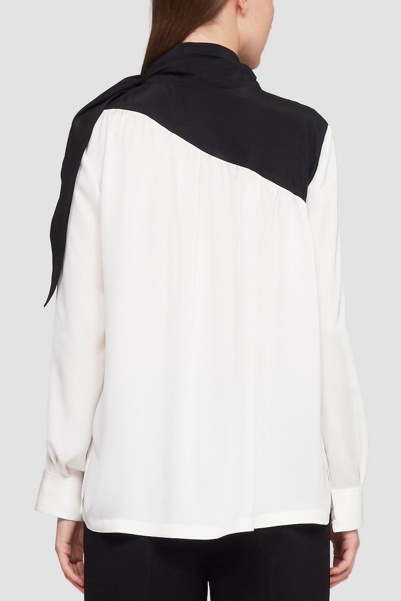 Long Sleeve Scarf Neck Blouse-white #1 Long Sleeve Scarf Neck Blouse, tie-neck two-tone blouse from 3.1 PHILLIP LIM featuring white/black, satin finish, two-tone design, gathered detailing, cut-out detailing, long sleeves, fitted-cuff sleeves, straight hem and tie neck.- 5