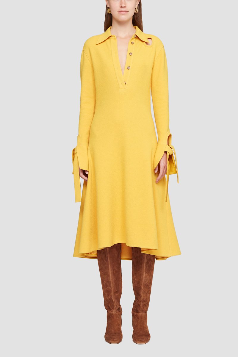 Long Sleeve Flare Shirt Dress-yellow #1 Long Sleeve Flare Shirt Dress, LS wool-blend dress from 3.1 PHILLIP LIM featuring marigold, wool blend, flared design, knitted construction, straight-point collar, front button placket, long sleeves and mid-length.- 1