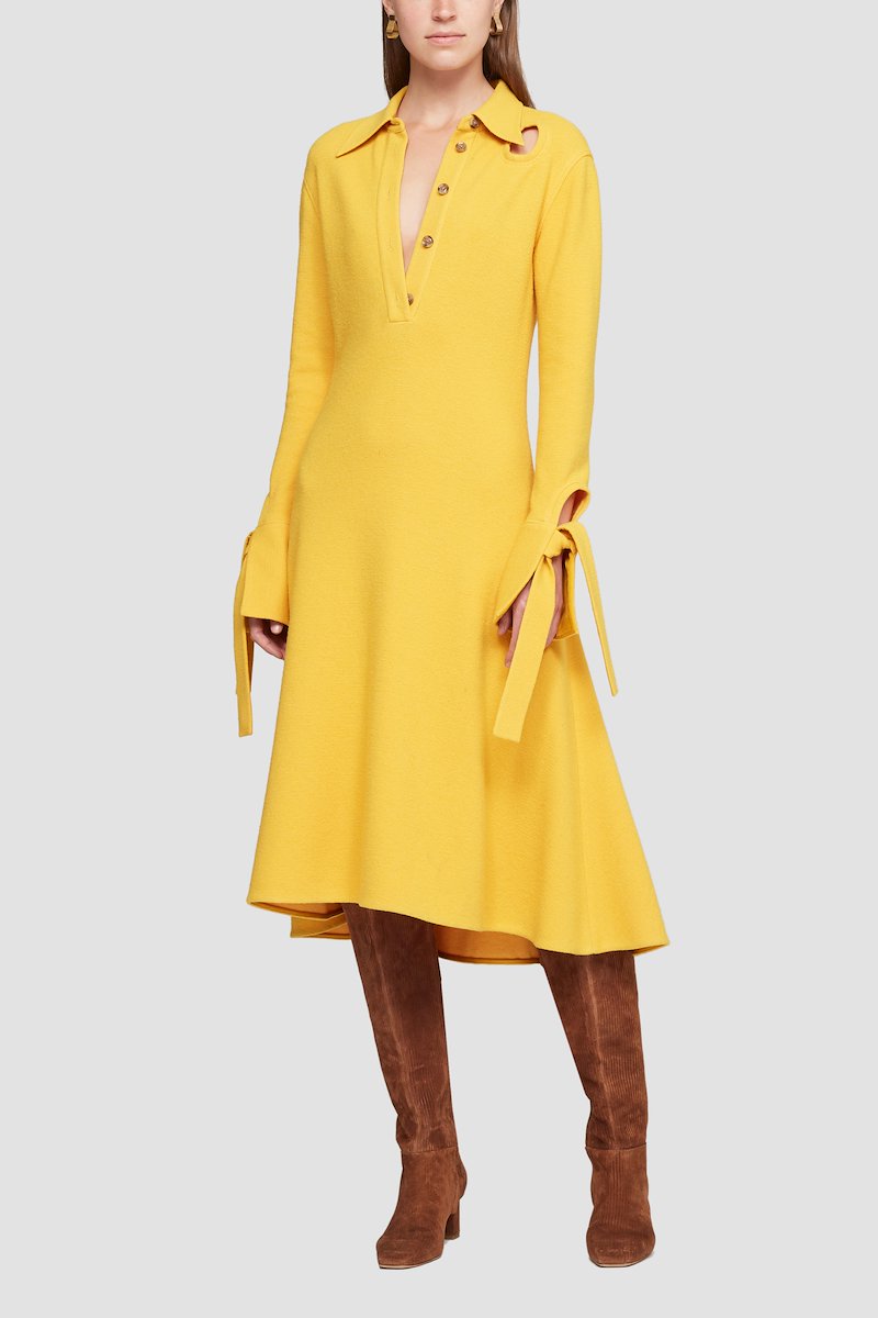 Long Sleeve Flare Shirt Dress-yellow #0 Long Sleeve Flare Shirt Dress, LS wool-blend dress from 3.1 PHILLIP LIM featuring marigold, wool blend, flared design, knitted construction, straight-point collar, front button placket, long sleeves and mid-length.- 0