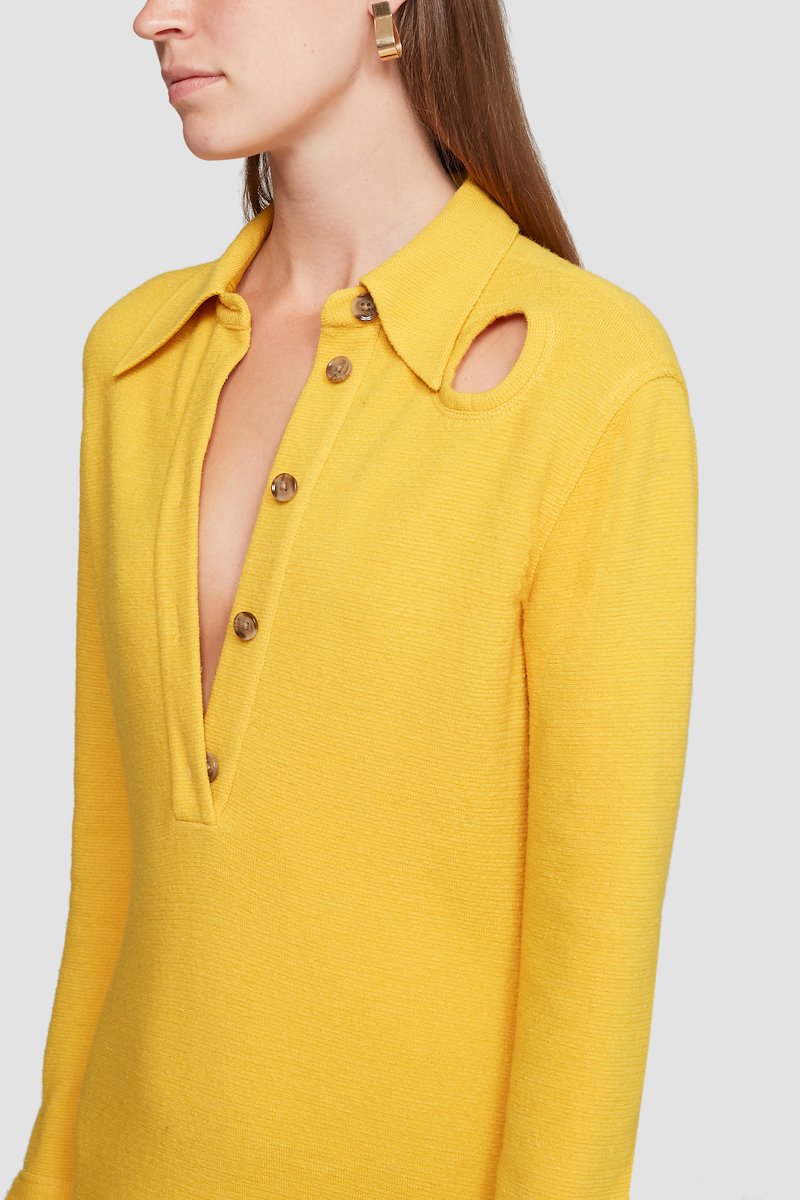 Long Sleeve Flare Shirt Dress-yellow #0 Long Sleeve Flare Shirt Dress, LS wool-blend dress from 3.1 PHILLIP LIM featuring marigold, wool blend, flared design, knitted construction, straight-point collar, front button placket, long sleeves and mid-length.- 4