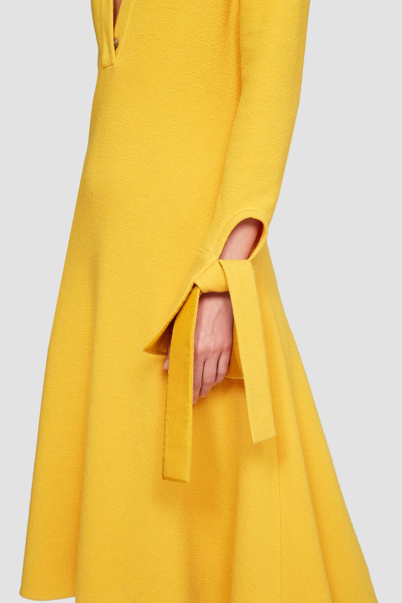 Long Sleeve Flare Shirt Dress-yellow #1 Long Sleeve Flare Shirt Dress, LS wool-blend dress from 3.1 PHILLIP LIM featuring marigold, wool blend, flared design, knitted construction, straight-point collar, front button placket, long sleeves and mid-length.- 5