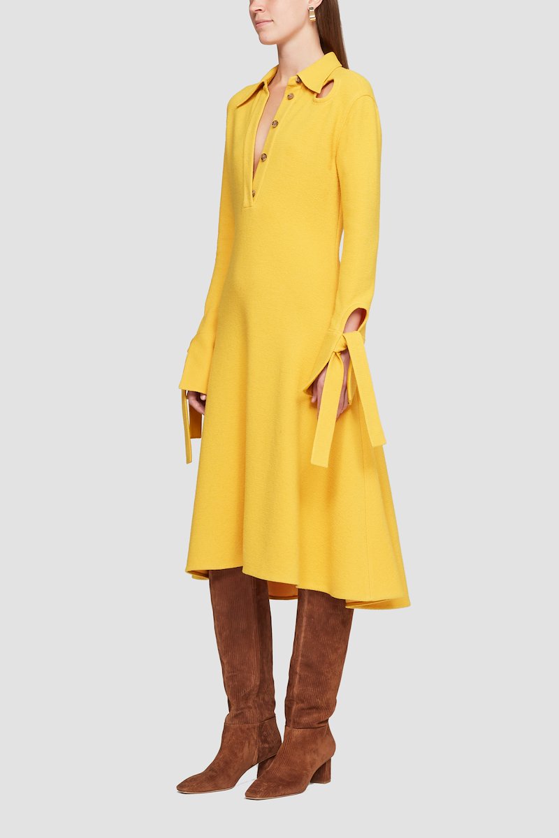 Long Sleeve Flare Shirt Dress-yellow #0 Long Sleeve Flare Shirt Dress, LS wool-blend dress from 3.1 PHILLIP LIM featuring marigold, wool blend, flared design, knitted construction, straight-point collar, front button placket, long sleeves and mid-length.- 2
