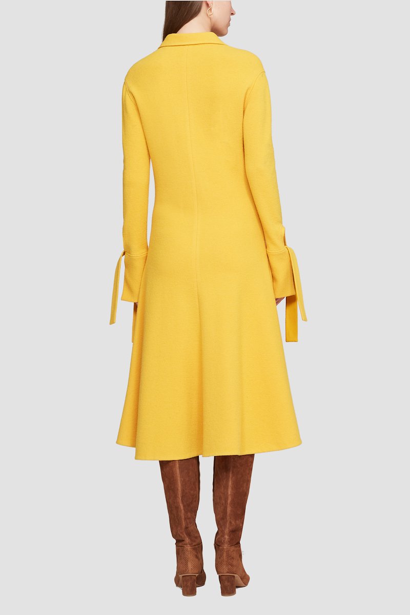 Long Sleeve Flare Shirt Dress-yellow #1 Long Sleeve Flare Shirt Dress, LS wool-blend dress from 3.1 PHILLIP LIM featuring marigold, wool blend, flared design, knitted construction, straight-point collar, front button placket, long sleeves and mid-length.- 3