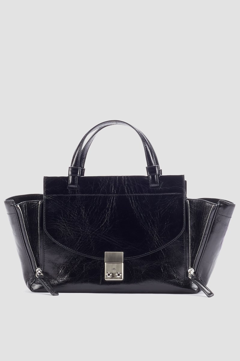 Pashli Soft Mini Satchel-black #0 Pashli Soft Mini Satchel, Black leather Pashli crossbody bag from 3.1 PHILLIP LIM featuring high-shine finish, foldover top, front clasp fastening, top zip fastening, main compartment, two rounded top handles and single shoulder strap.- 0