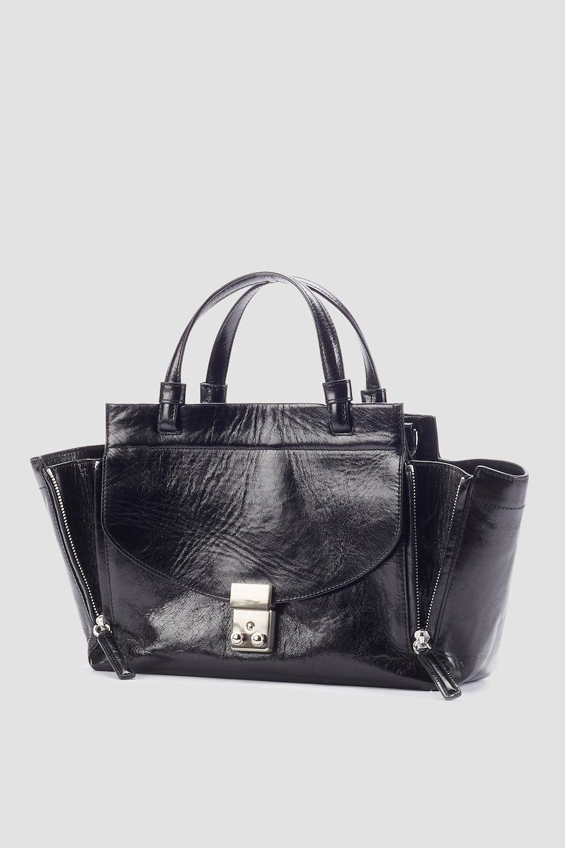 Pashli Soft Mini Satchel-black #0 Pashli Soft Mini Satchel, Black leather Pashli crossbody bag from 3.1 PHILLIP LIM featuring high-shine finish, foldover top, front clasp fastening, top zip fastening, main compartment, two rounded top handles and single shoulder strap.- 2