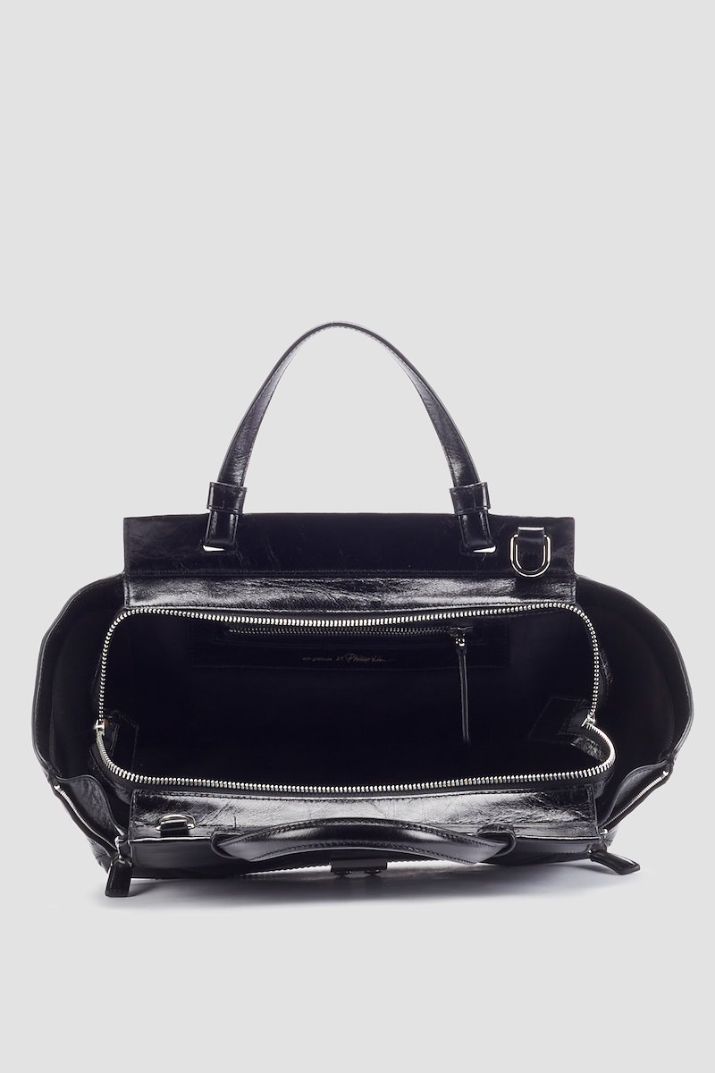 Pashli Soft Mini Satchel-black #0 Pashli Soft Mini Satchel, Black leather Pashli crossbody bag from 3.1 PHILLIP LIM featuring high-shine finish, foldover top, front clasp fastening, top zip fastening, main compartment, two rounded top handles and single shoulder strap.- 4