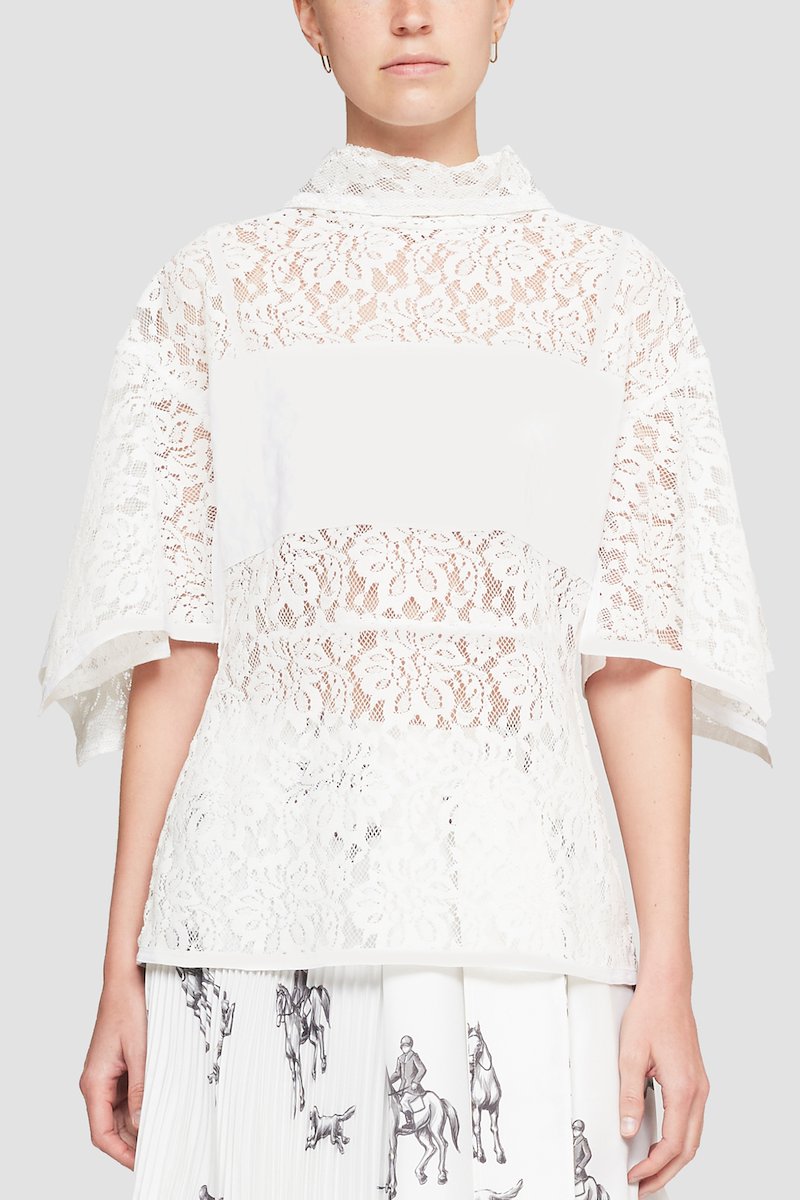Flocked Lace Petal Sleeve Blouse-white #1 Flocked Lace Petal Sleeve Blouse, null- 1