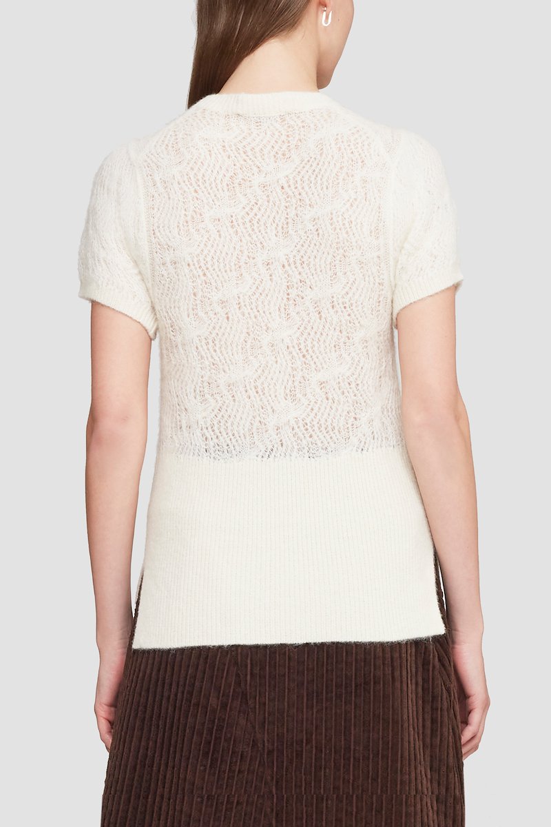 Knitted Lace Short Sleeve Crewneck Pullover-brown #1 Knitted Lace Short Sleeve Crewneck Pullover, null- 3