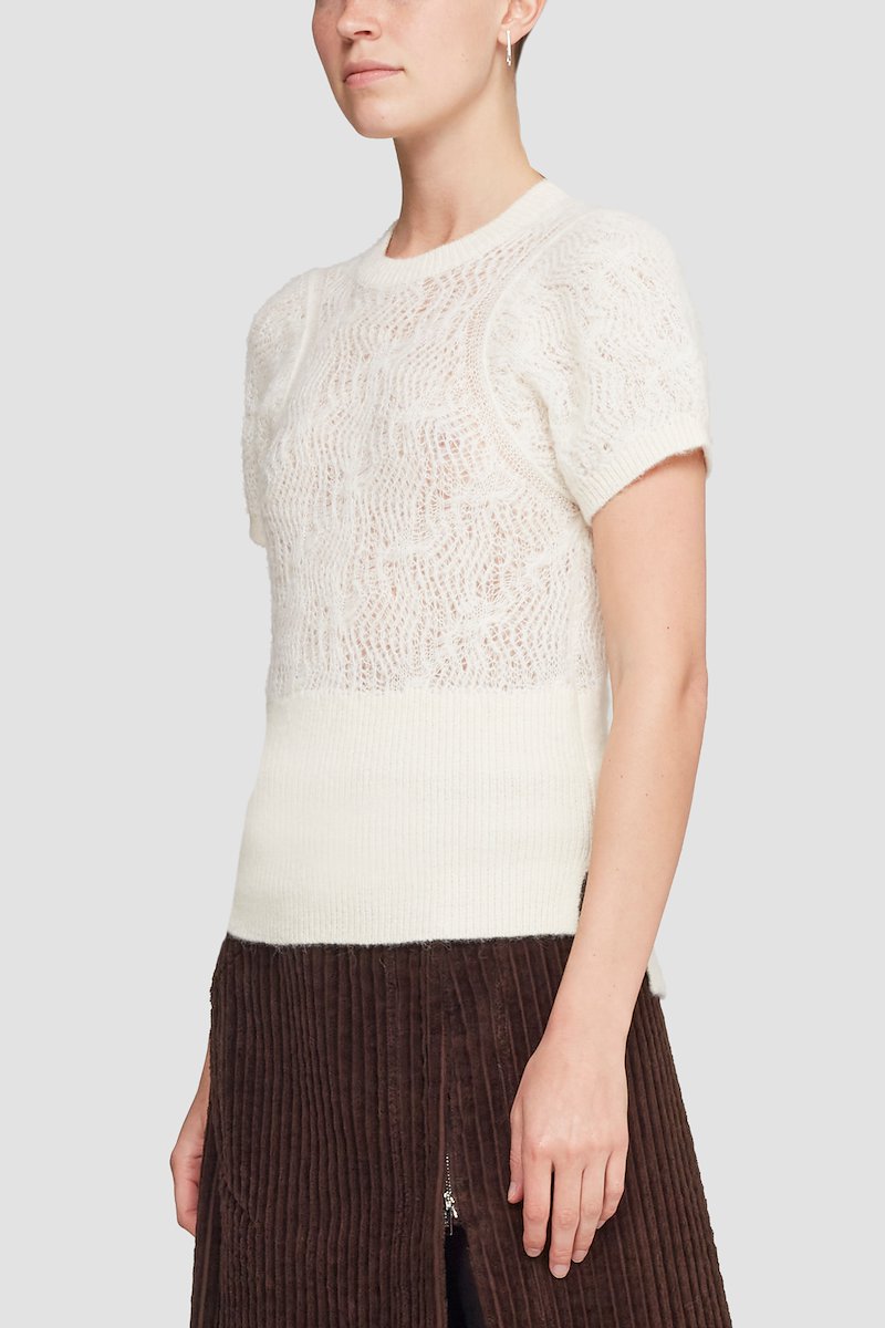 Knitted Lace Short Sleeve Crewneck Pullover-brown #0 Knitted Lace Short Sleeve Crewneck Pullover, null- 2