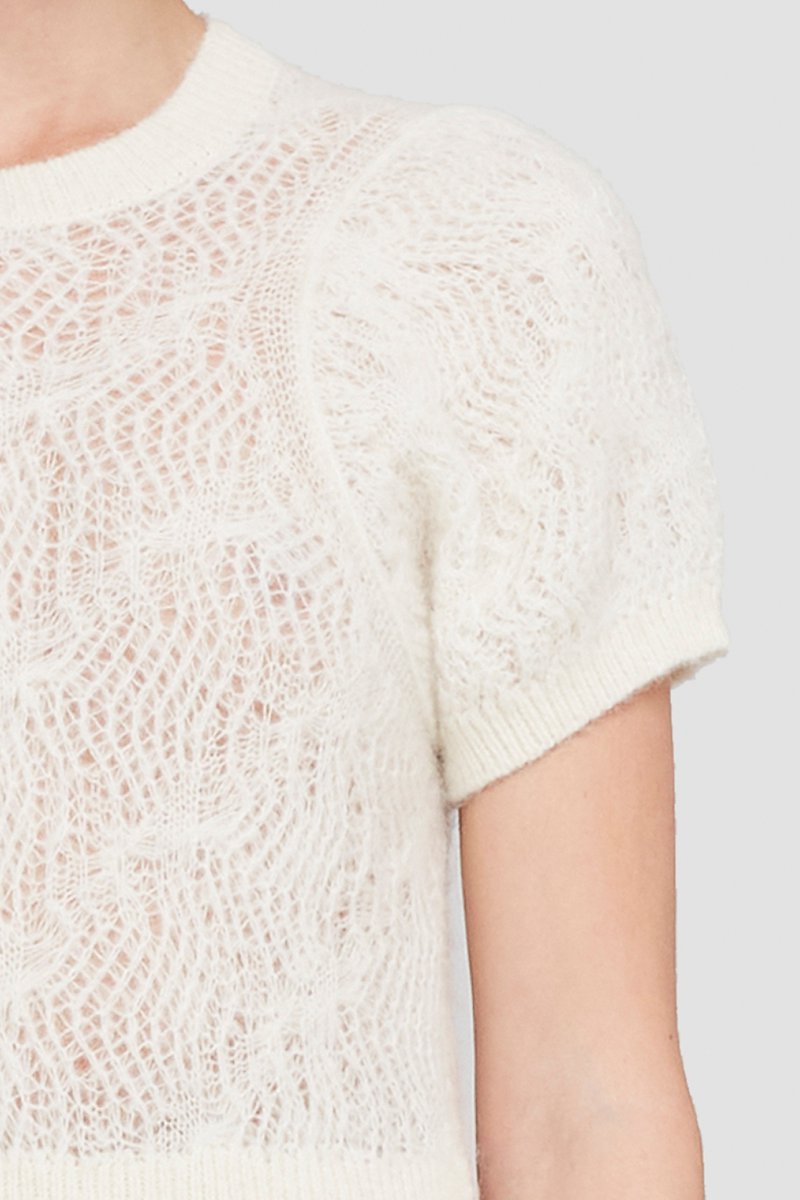 Knitted Lace Short Sleeve Crewneck Pullover-brown #0 Knitted Lace Short Sleeve Crewneck Pullover, null- 4
