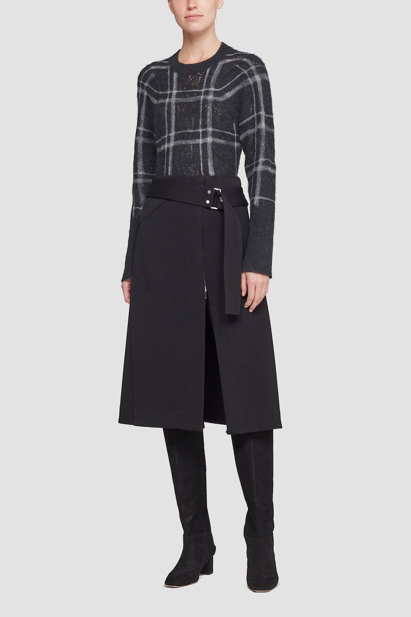Knitted Lace Long Sleeve Crewneck Pullover-blue #1 Knitted Lace Long Sleeve Crewneck Pullover, checked wool jumper from 3.1 PHILLIP LIM featuring charcoal grey, wool, knitted construction, check print, crew neck, long sleeves and straight hem.- 1
