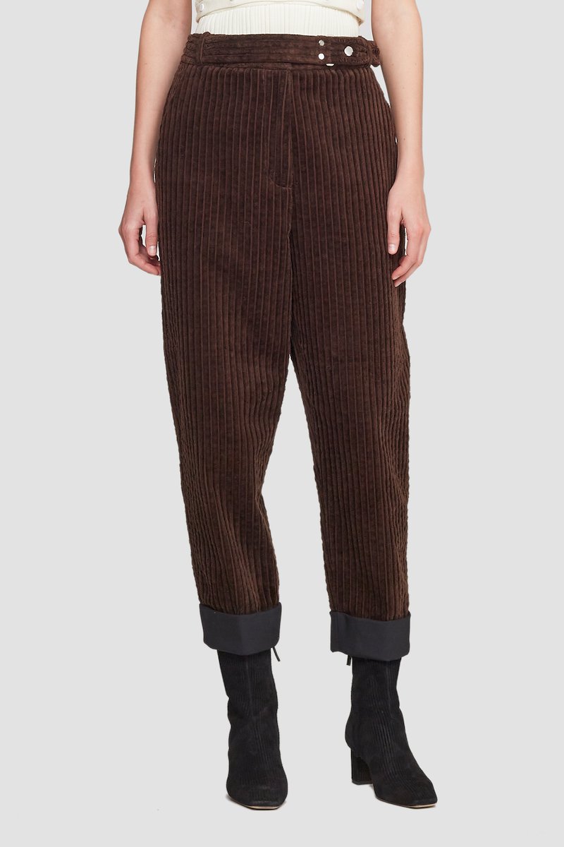 Utility Corduroy Buckled Cropped Trouser-brown #1 Utility Corduroy Buckled Cropped Trouser, corduroy tapered-leg trousers from 3.1 PHILLIP LIM featuring brown, cotton, corduroy, concealed front zip fastening, belted waist, two side slash pockets, rear button-fastening jetted pocket, turn-up cuffs, tapered leg and cropped.- 1
