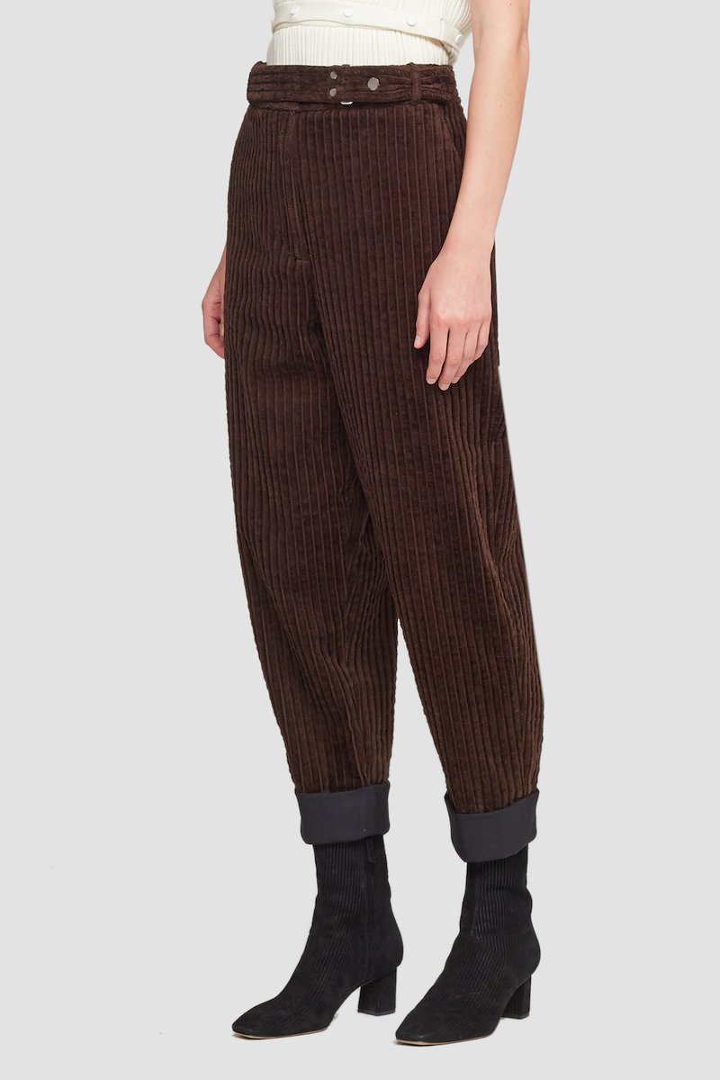 Utility Corduroy Buckled Cropped Trouser-brown #0 Utility Corduroy Buckled Cropped Trouser, corduroy tapered-leg trousers from 3.1 PHILLIP LIM featuring brown, cotton, corduroy, concealed front zip fastening, belted waist, two side slash pockets, rear button-fastening jetted pocket, turn-up cuffs, tapered leg and cropped.- 4