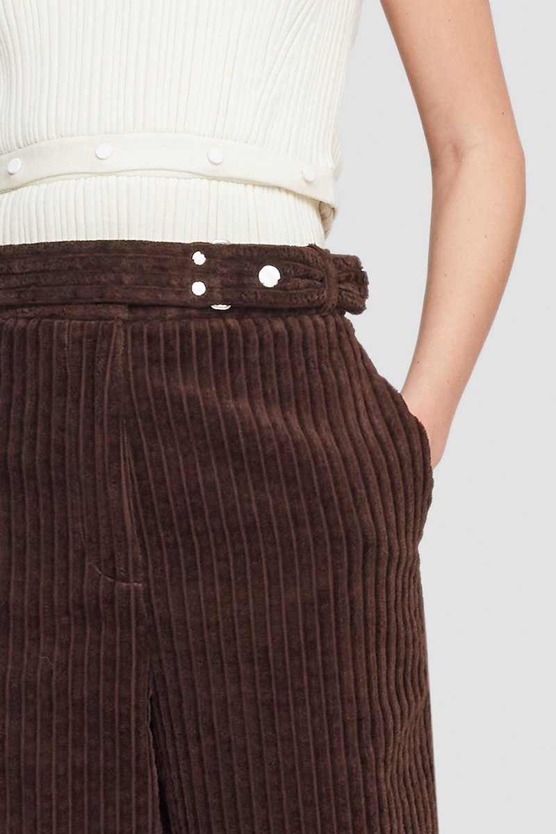 Utility Corduroy Buckled Cropped Trouser-brown #0 Utility Corduroy Buckled Cropped Trouser, corduroy tapered-leg trousers from 3.1 PHILLIP LIM featuring brown, cotton, corduroy, concealed front zip fastening, belted waist, two side slash pockets, rear button-fastening jetted pocket, turn-up cuffs, tapered leg and cropped.- 6
