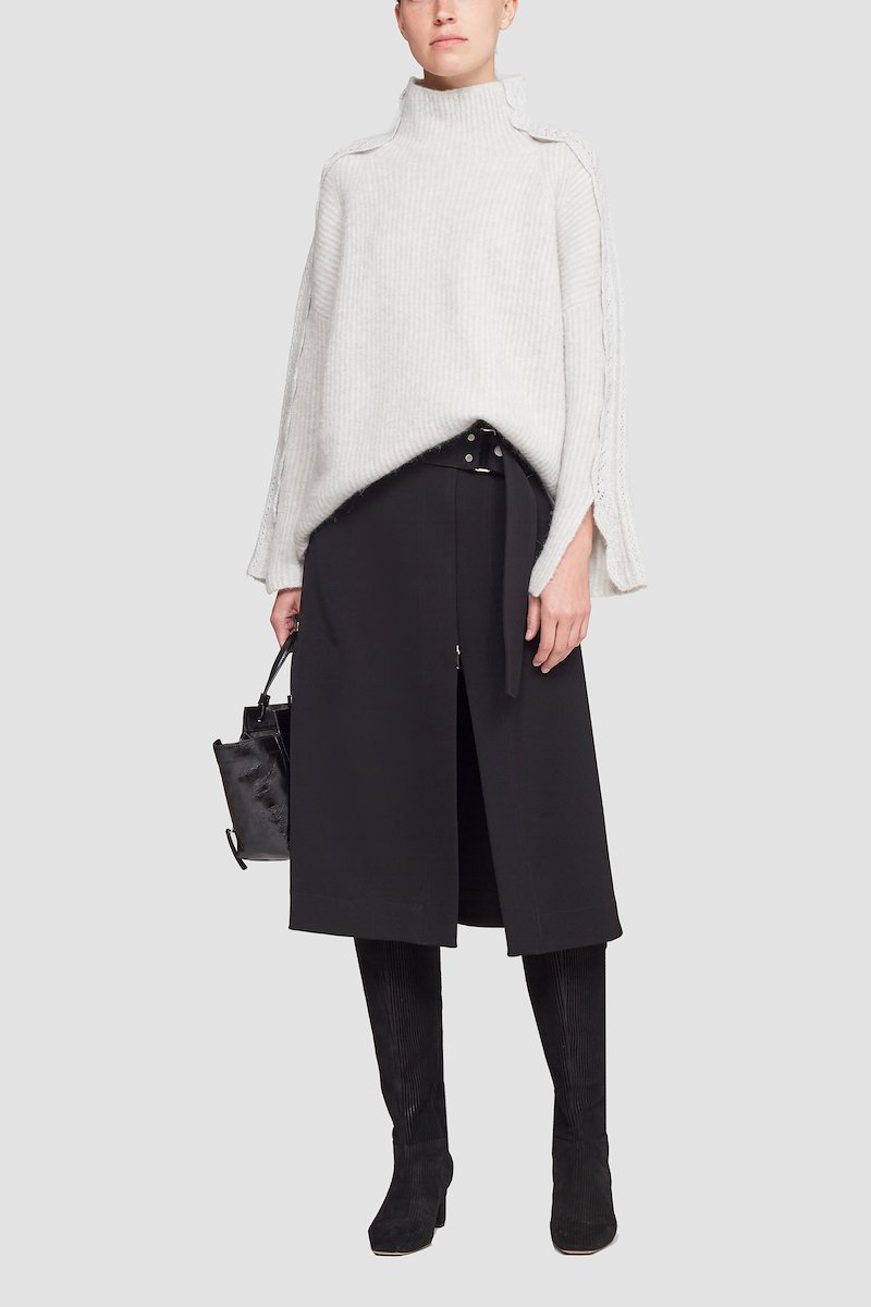 Long Sleeve Funnel Neck Pullover With Lace Detail-grey #0 Long Sleeve Funnel Neck Pullover With Lace Detail, high-neck ribbed-knit jumper from 3.1 PHILLIP LIM featuring light grey, wool blend, ribbed knit, high neck, long wide sleeves and straight hem.- 0