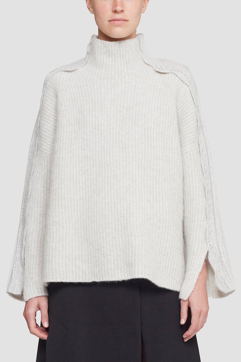 Long Sleeve Funnel Neck Pullover With Lace Detail-grey #1 Long Sleeve Funnel Neck Pullover With Lace Detail, high-neck ribbed-knit jumper from 3.1 PHILLIP LIM featuring light grey, wool blend, ribbed knit, high neck, long wide sleeves and straight hem.- 1