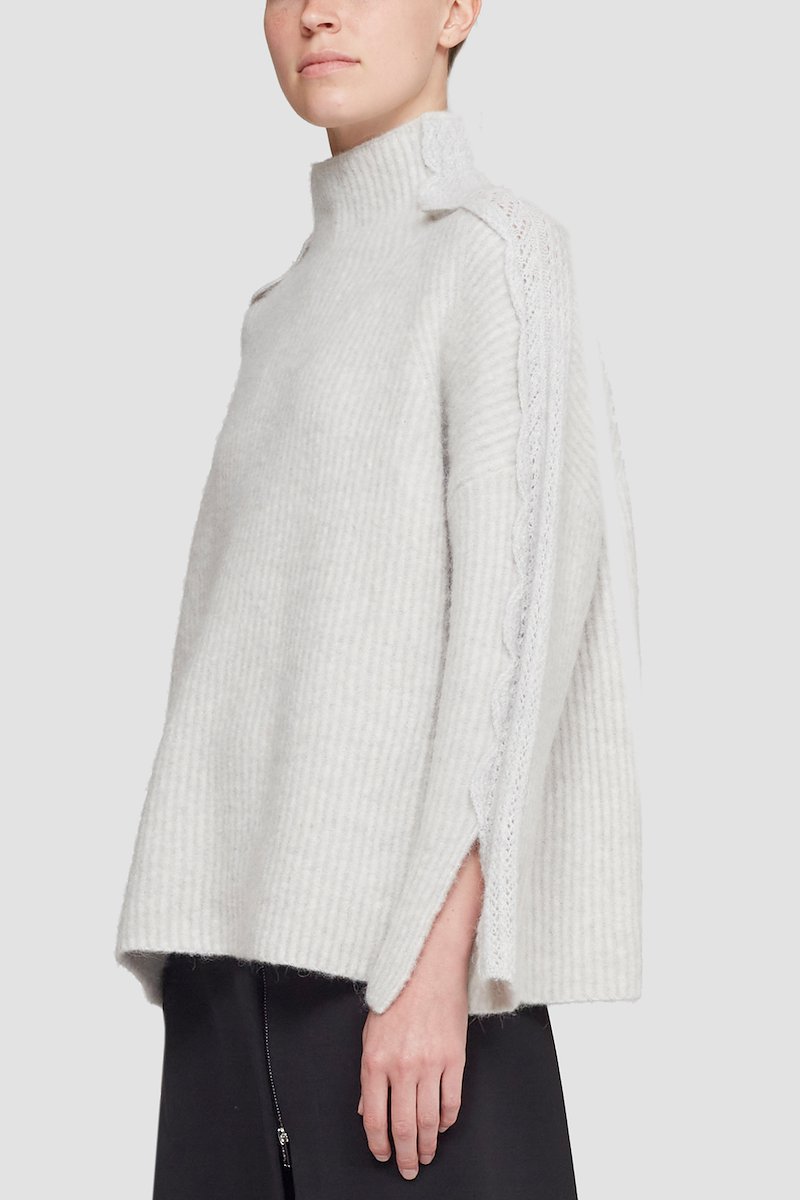 Long Sleeve Funnel Neck Pullover With Lace Detail-grey #1 Long Sleeve Funnel Neck Pullover With Lace Detail, high-neck ribbed-knit jumper from 3.1 PHILLIP LIM featuring light grey, wool blend, ribbed knit, high neck, long wide sleeves and straight hem.- 5