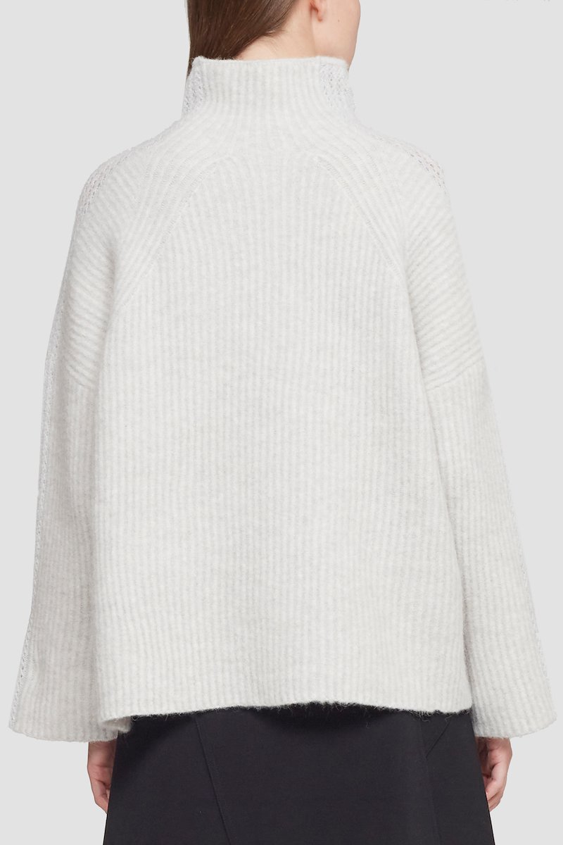 Long Sleeve Funnel Neck Pullover With Lace Detail-grey #0 Long Sleeve Funnel Neck Pullover With Lace Detail, high-neck ribbed-knit jumper from 3.1 PHILLIP LIM featuring light grey, wool blend, ribbed knit, high neck, long wide sleeves and straight hem.- 6