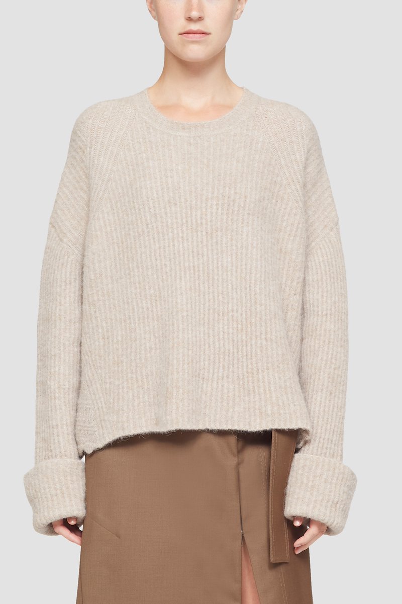 Long Sleeve Crewneck Pullover With Lace Detail-neutrals #0 Long Sleeve Crewneck Pullover With Lace Detail, scallop-trim ribbed-knit jumper from 3.1 PHILLIP LIM featuring taupe, wool blend, ribbed knit, crew neck, turn-up cuffs, long wide sleeves and scallop hem.- 2