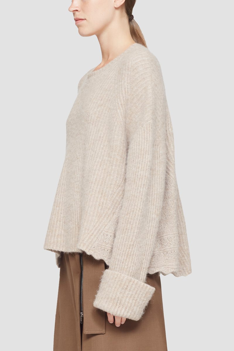 Long Sleeve Crewneck Pullover With Lace Detail-neutrals #1 Long Sleeve Crewneck Pullover With Lace Detail, scallop-trim ribbed-knit jumper from 3.1 PHILLIP LIM featuring taupe, wool blend, ribbed knit, crew neck, turn-up cuffs, long wide sleeves and scallop hem.- 3