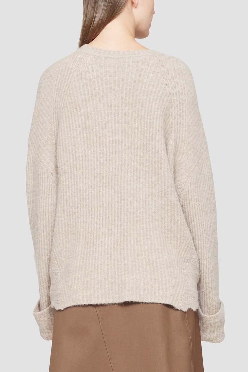 Long Sleeve Crewneck Pullover With Lace Detail-neutrals #0 Long Sleeve Crewneck Pullover With Lace Detail, scallop-trim ribbed-knit jumper from 3.1 PHILLIP LIM featuring taupe, wool blend, ribbed knit, crew neck, turn-up cuffs, long wide sleeves and scallop hem.- 4