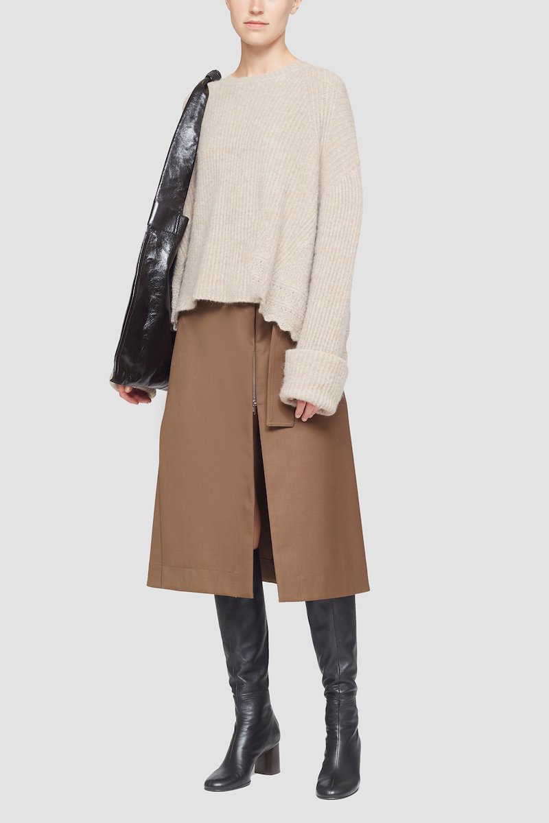 Long Sleeve Crewneck Pullover With Lace Detail-neutrals #1 Long Sleeve Crewneck Pullover With Lace Detail, scallop-trim ribbed-knit jumper from 3.1 PHILLIP LIM featuring taupe, wool blend, ribbed knit, crew neck, turn-up cuffs, long wide sleeves and scallop hem.- 1