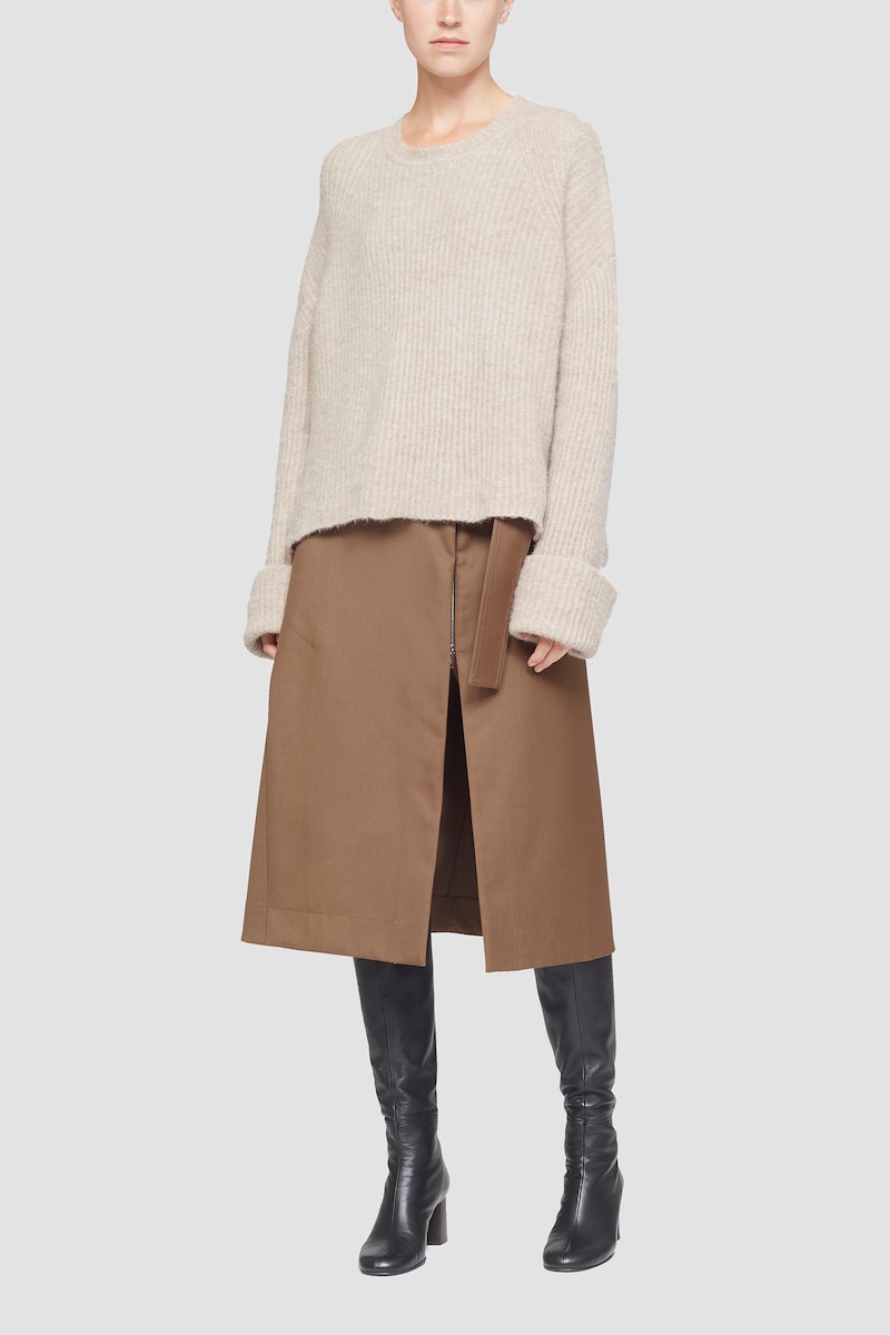 Long Sleeve Crewneck Pullover With Lace Detail-neutrals #0 Long Sleeve Crewneck Pullover With Lace Detail, scallop-trim ribbed-knit jumper from 3.1 PHILLIP LIM featuring taupe, wool blend, ribbed knit, crew neck, turn-up cuffs, long wide sleeves and scallop hem.- 0